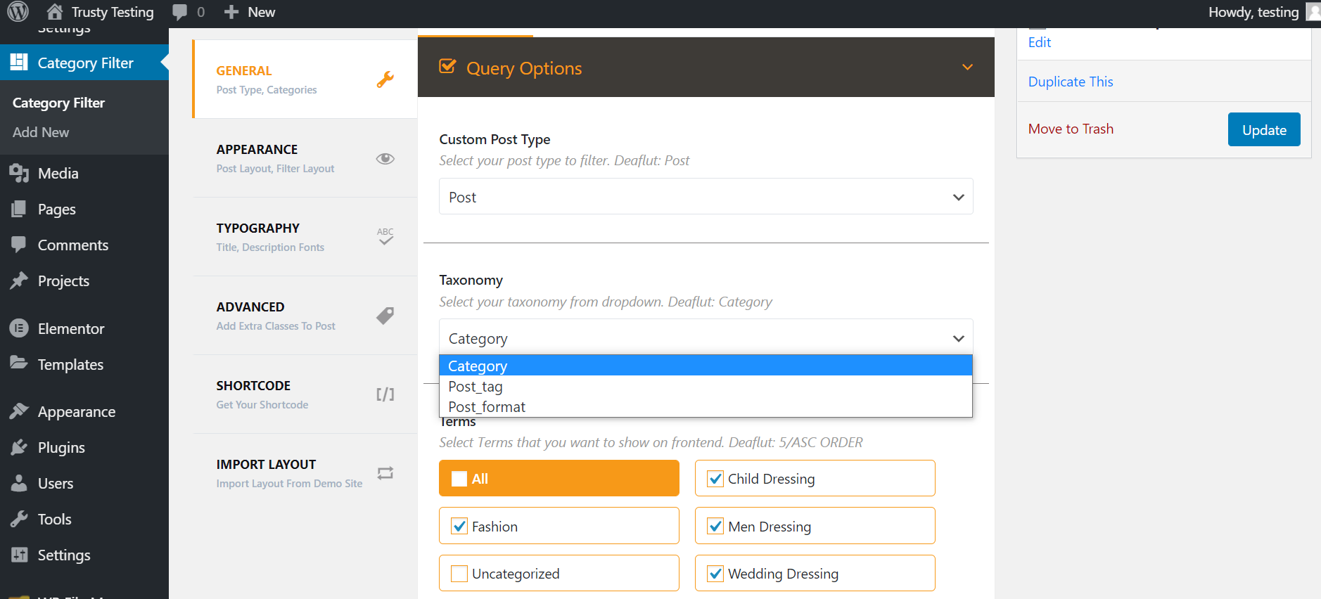 category ajax filter Control panel